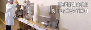 Text: Experience & Innovation. Image of factory equipment making cheese.